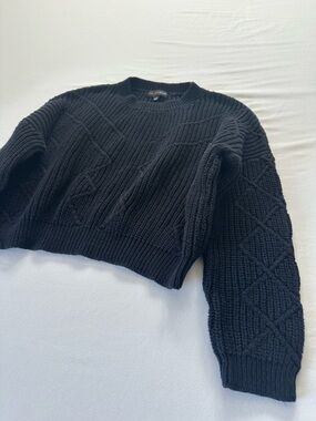Ambiance Cropped Black Textured Cable Crew Sweater